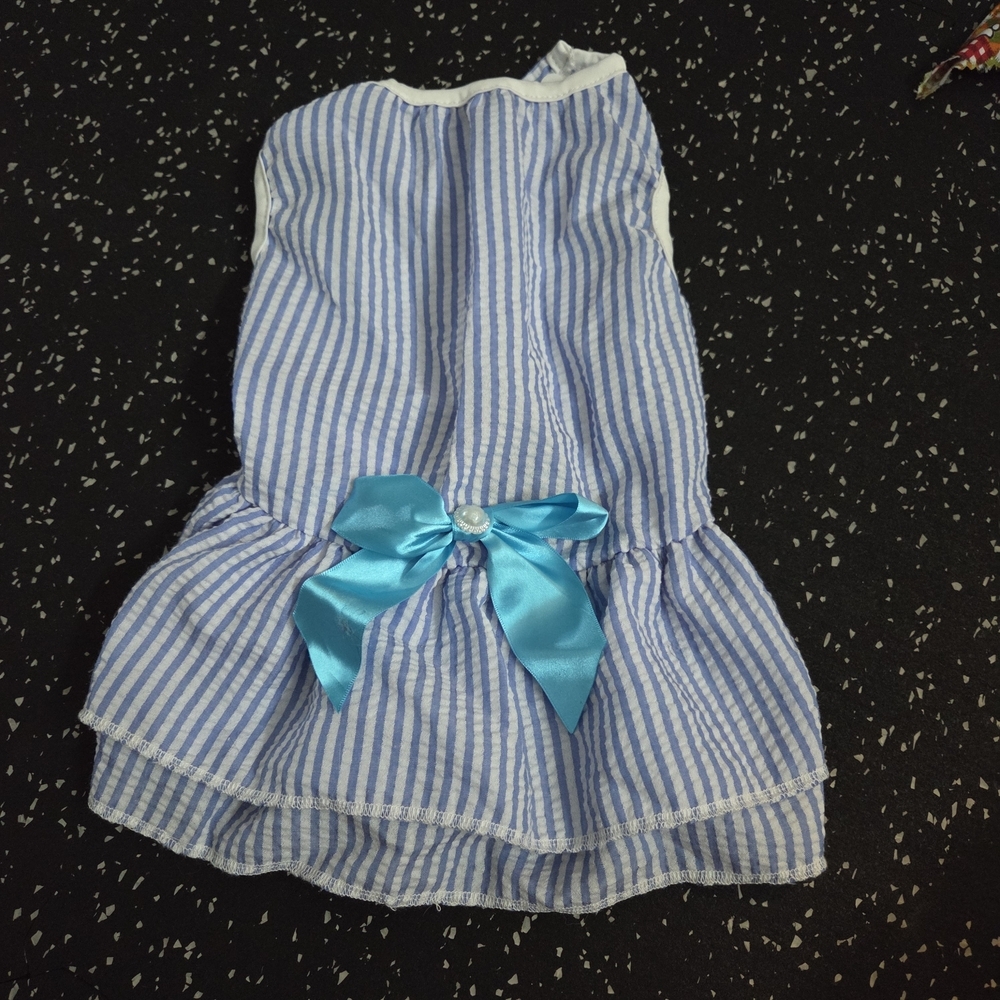 Striped Blue and White Dog / Puppy Dress with Bow